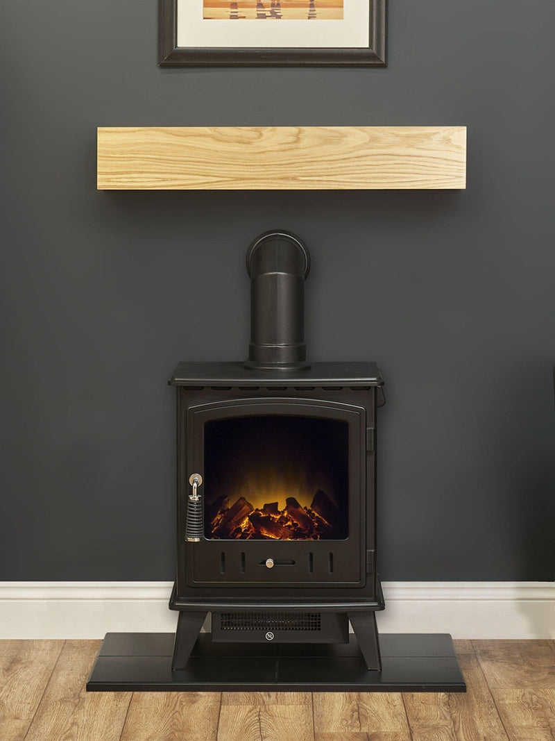 Adam Aviemore electric stove set with oak beam and hearth (British brand)