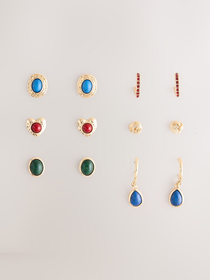 Gold tone multicolour stud and hoop earrings 6 pack (British brand)