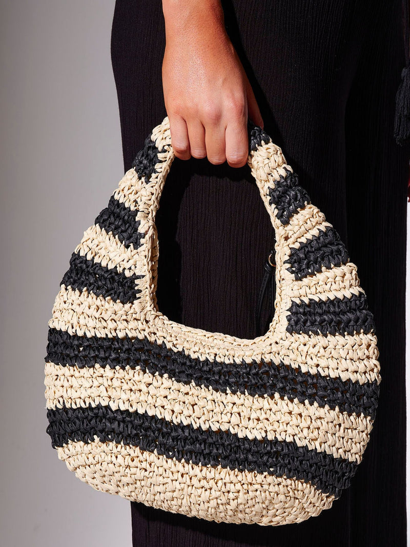 South Beach black straw stripe lined grab bag (British brand)