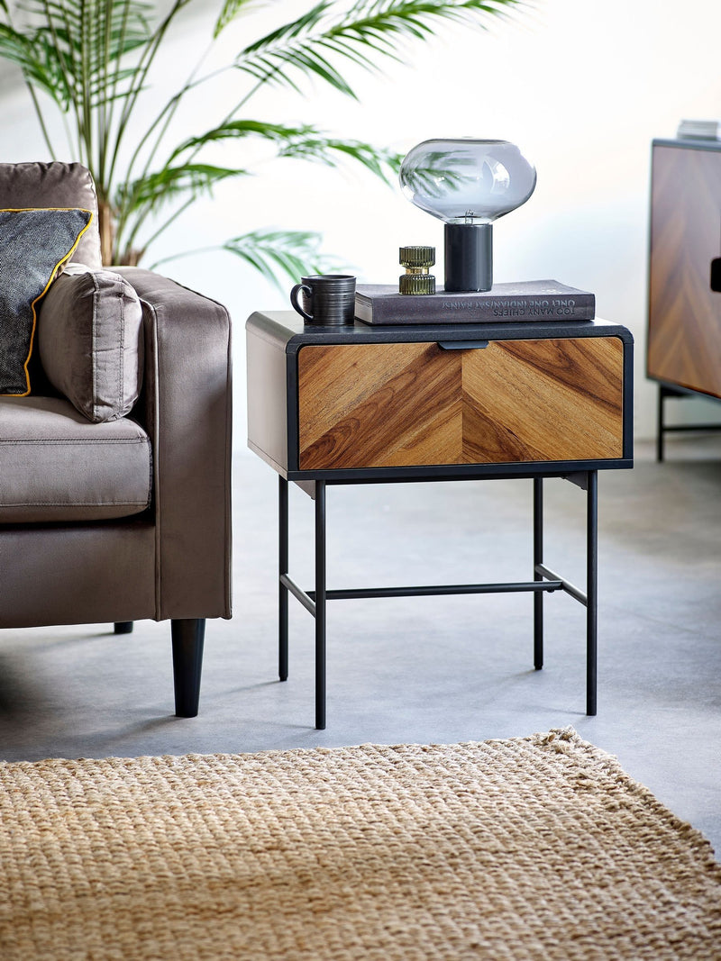 Julian Bowen Alvin lamp table black and natural with chevron drawer (British brand)