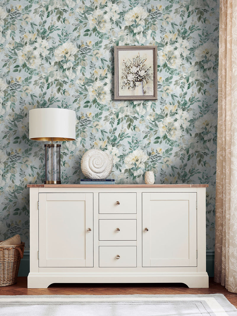 Laura Ashley wallpaper sample Elowen Peony pale teal A4, imported from the UK