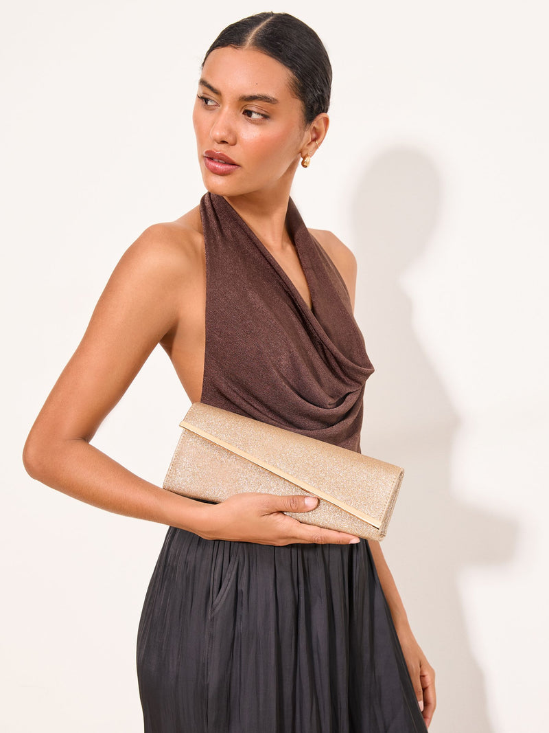 Lipsy gold glitter asymmetric clutch bag, UK version
