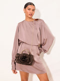 Lipsy chocolate brown satin corsage top handle bag (British brand)