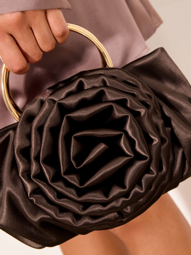 Lipsy chocolate brown satin corsage top handle bag (British brand)