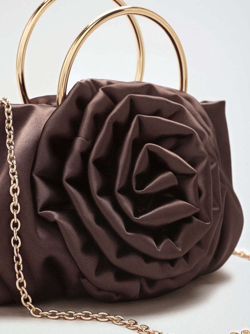 Lipsy chocolate brown satin corsage top handle bag (British brand)