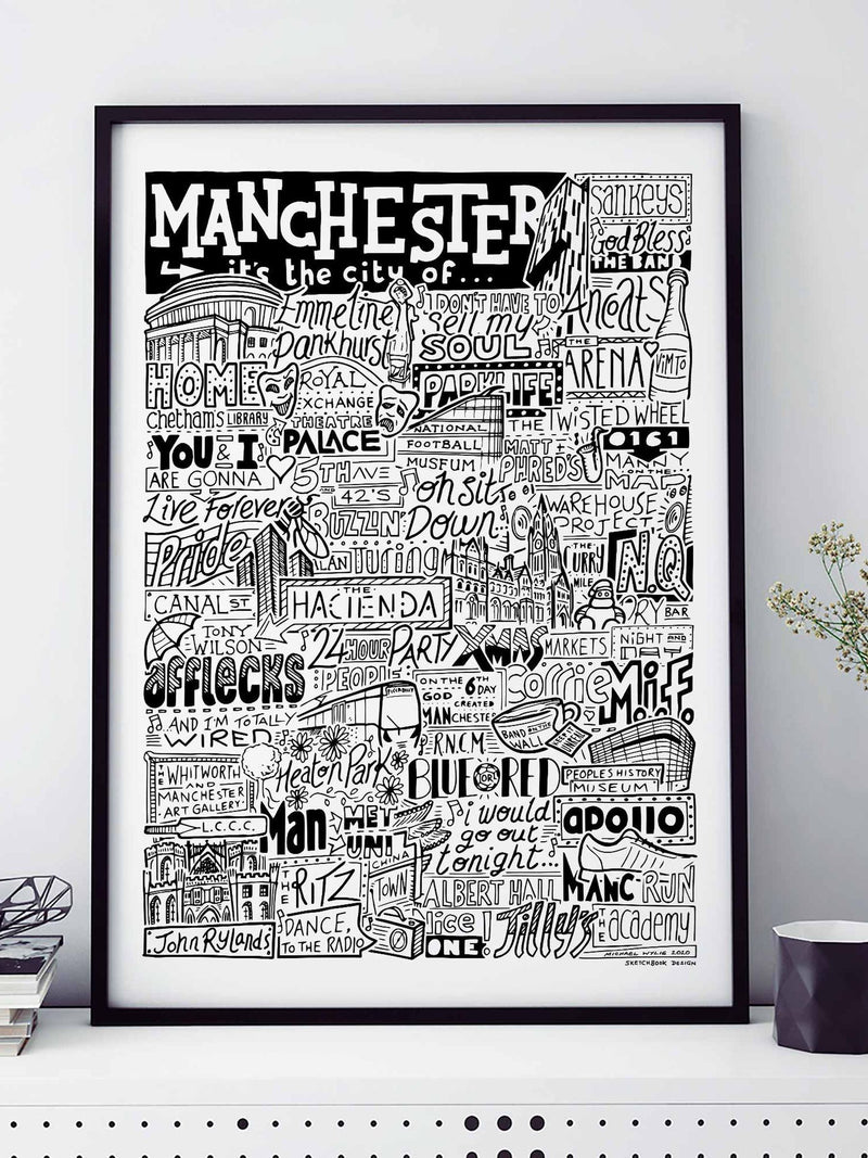 Sketchbook Design Manchester landmarks framed wall art print - British product