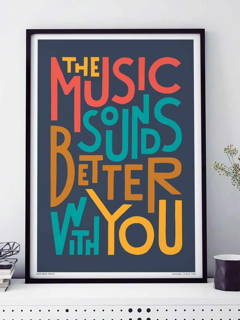Sketchbook Design music typography framed print, UK version