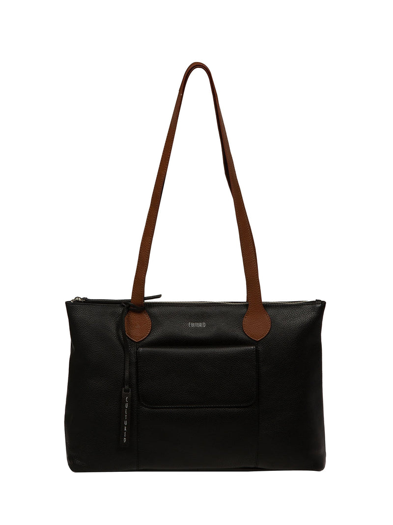 Cultured London Black Solange leather tote bag, imported from the UK