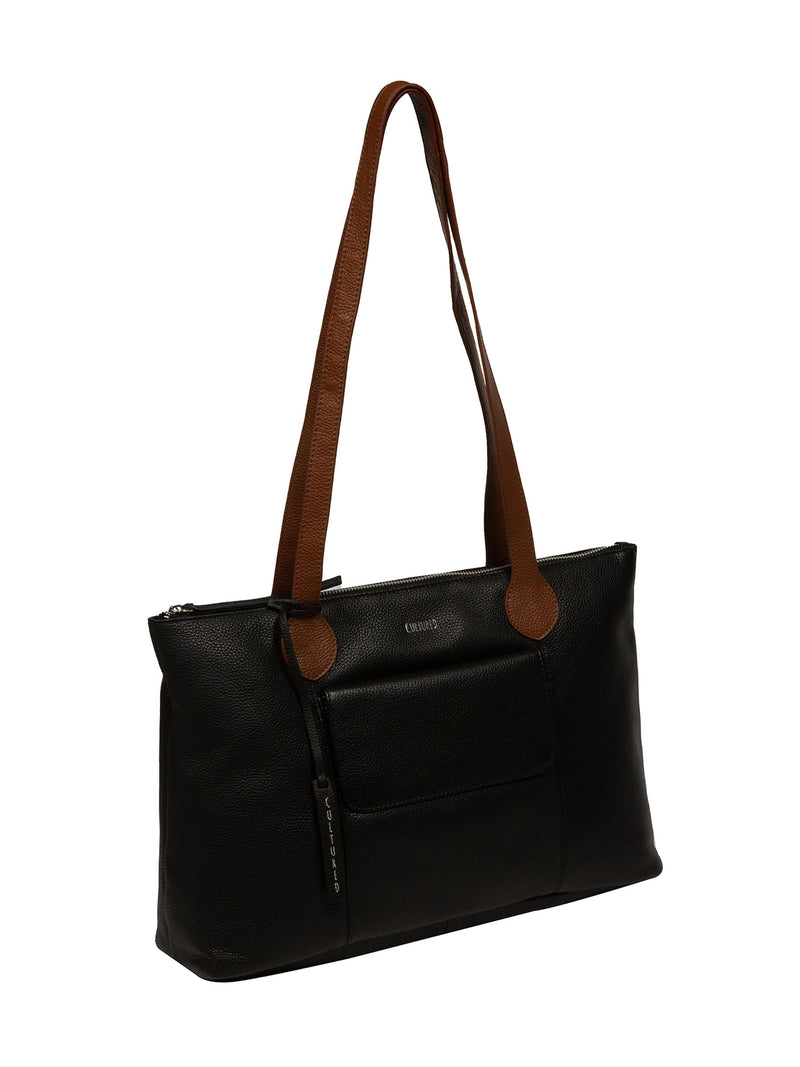Cultured London Black Solange leather tote bag, imported from the UK