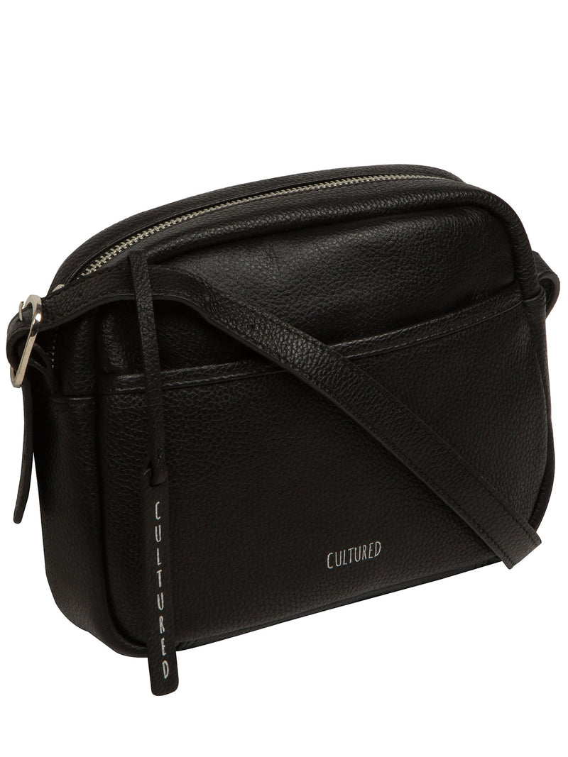 Cultured London Black Ariella leather cross-body bag, imported from the UK