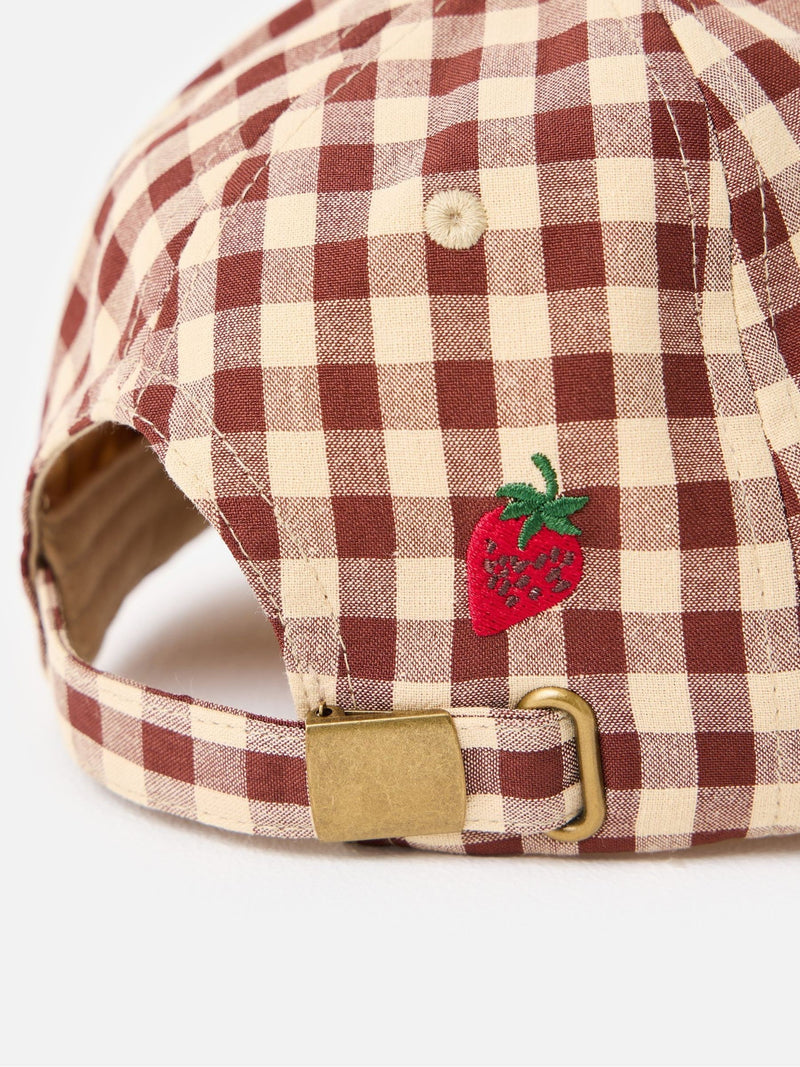 Oliver Bonas gingham cap with strawberry motif (British brand)