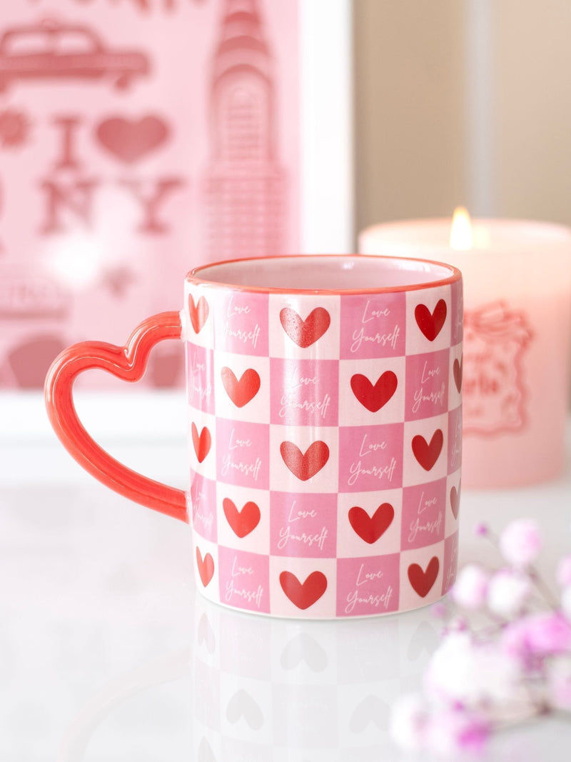 Something Different pink love yourself checkered mug 350ml, imported from the UK