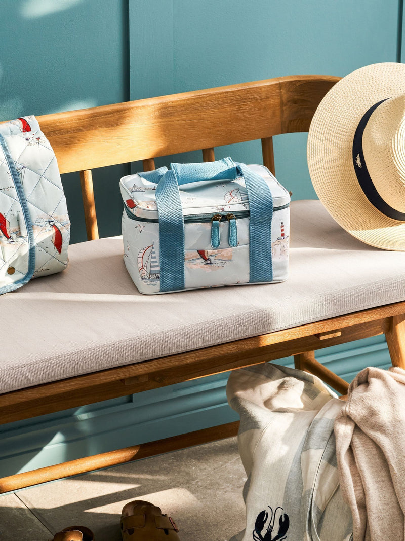 Sophie Allport pale blue coastal boats lunch bag, imported from the UK