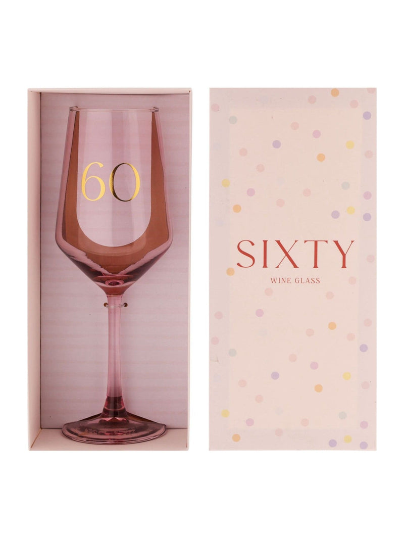 Widdop pink wine glass with gold 60 decal, UK version