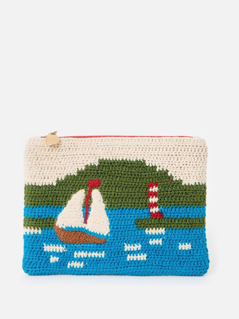 Oliver Bonas blue boating scene knitted zipped pouch, UK version