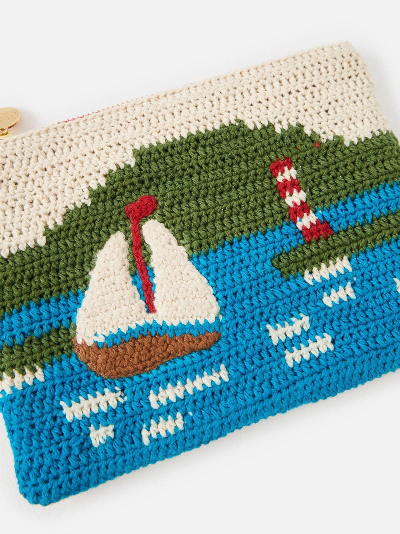Oliver Bonas blue boating scene knitted zipped pouch, UK version