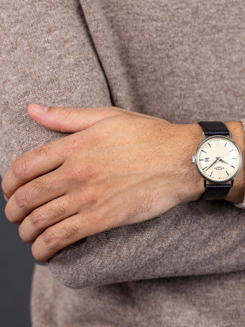 Rotary 1895 watch with black leather strap and cream dial, UK version