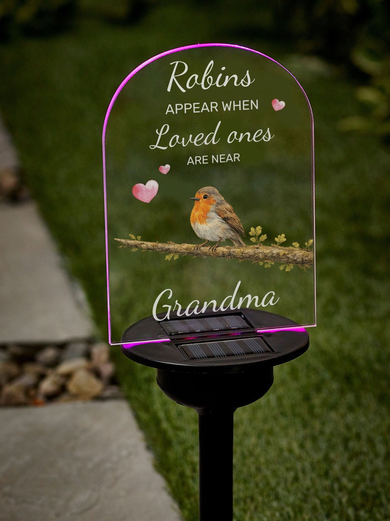 Loveabode personalised robin memorial solar garden sign, imported from the UK