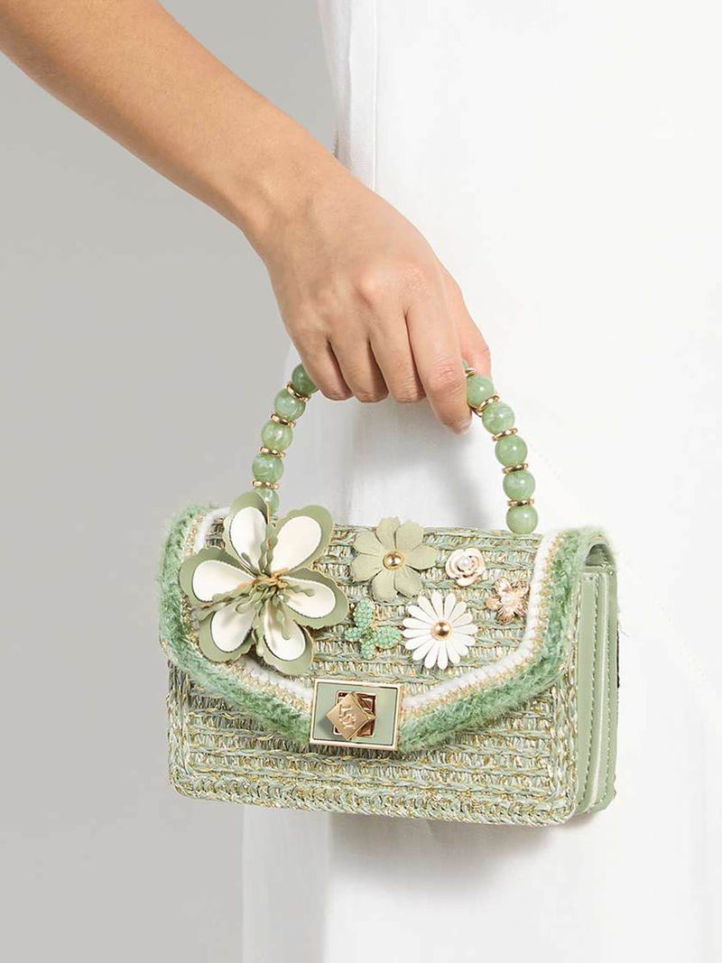 Dune London Green Blooms grab bag raffia, UK version