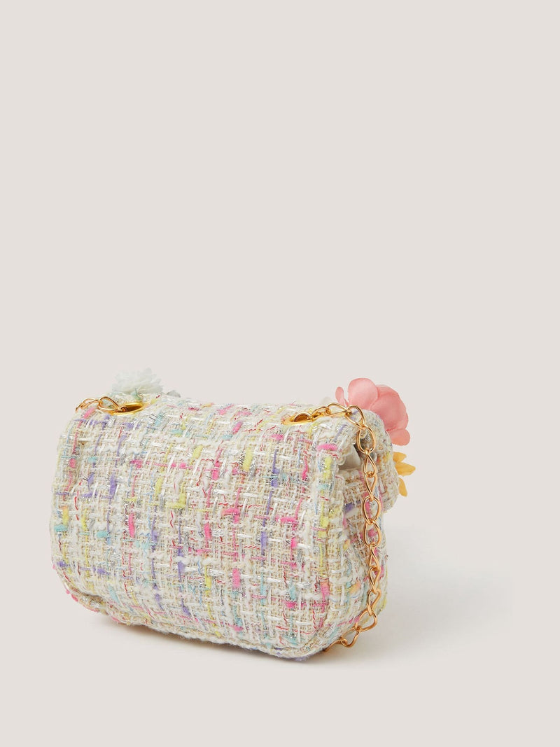Monsoon cream mini flower embellished boucle bag, imported from the UK