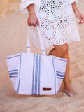 Seaspray blue stripe beach bag with leather detailing, imported from the UK