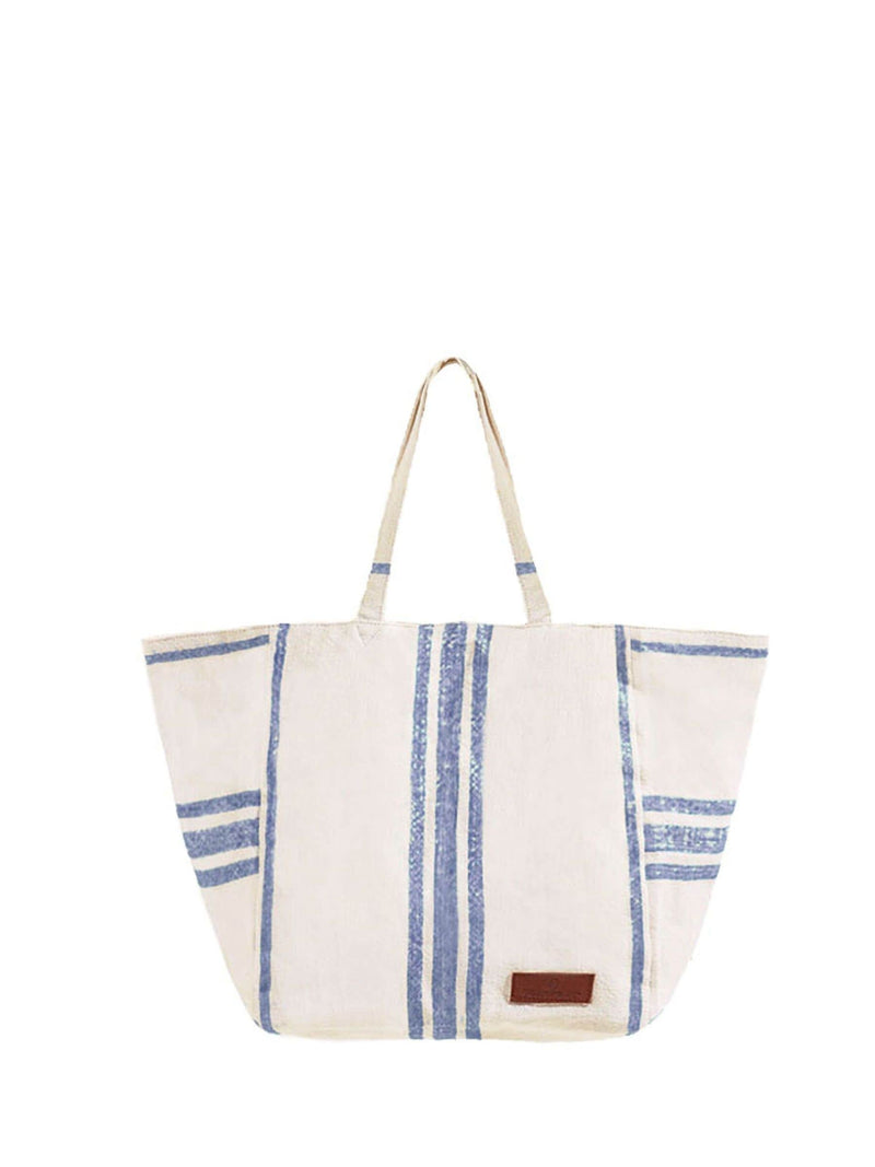 Seaspray blue stripe beach bag with leather detailing, imported from the UK