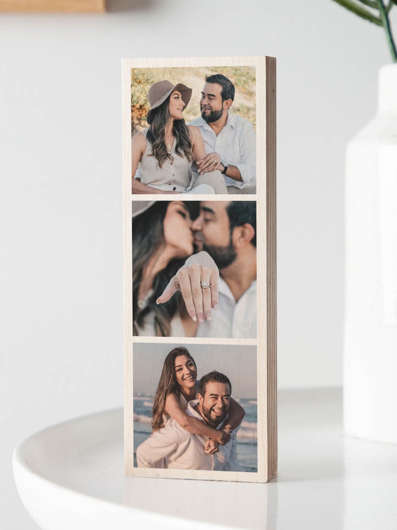 No Ordinary Gift personalised triple photo wooden block 6x17x1.7 cm, UK version