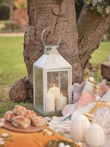 Next Lights4fun Silver Hayle Large Metal Outdoor Lantern with TruGlow Candle Trio - 45cm- Buy online at McGrocer