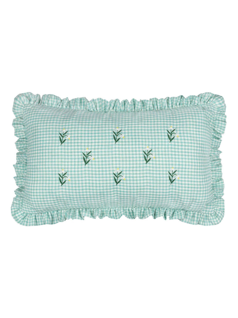 Furn Green Les Petite Fleurs cushion gingham ruffle 30x50cm (British brand)