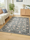 Think Rugs Dark Blue Versailles floral rug, imported from the UK