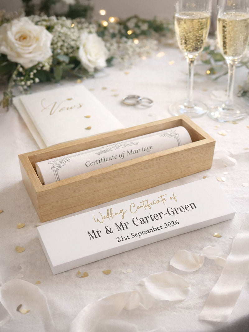 PMC personalised wooden wedding certificate holder (British brand)