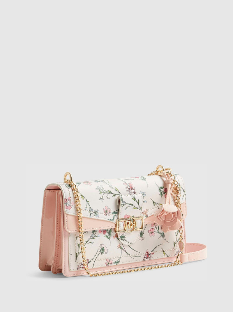 River Island cream ditsy floral panelled shoulder bag, imported from the UK