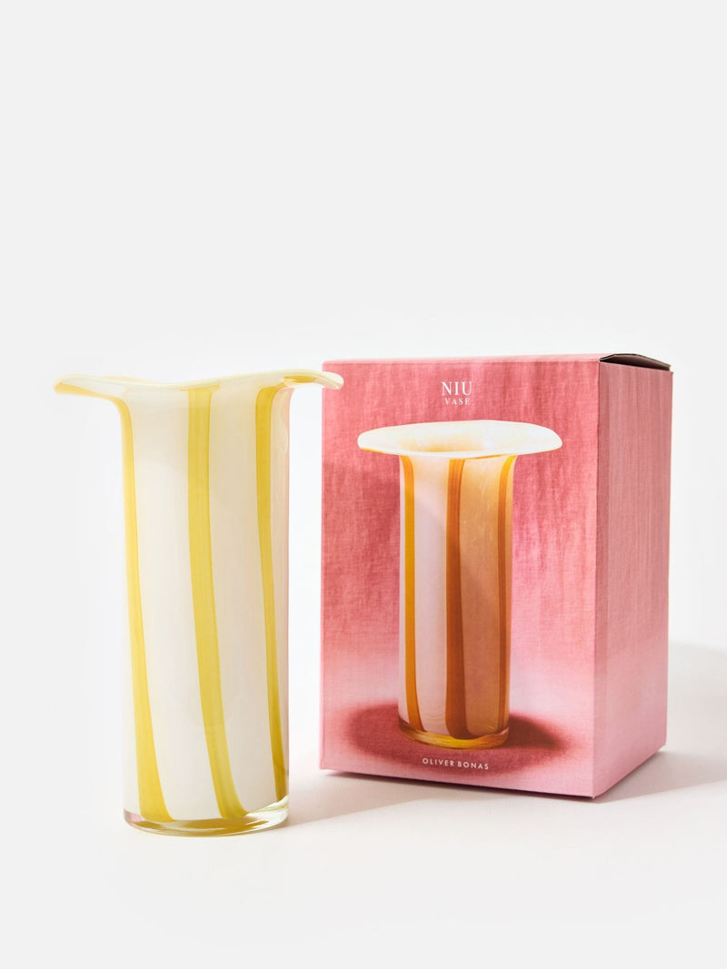 Oliver Bonas yellow Niu striped glass vase 26cm - British product