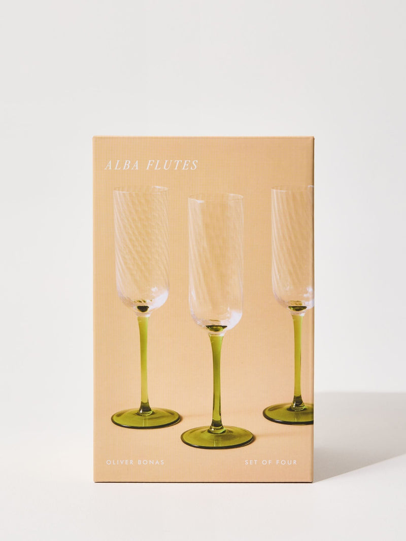 Oliver Bonas Alba green champagne flutes set of 4 24cm (British brand)