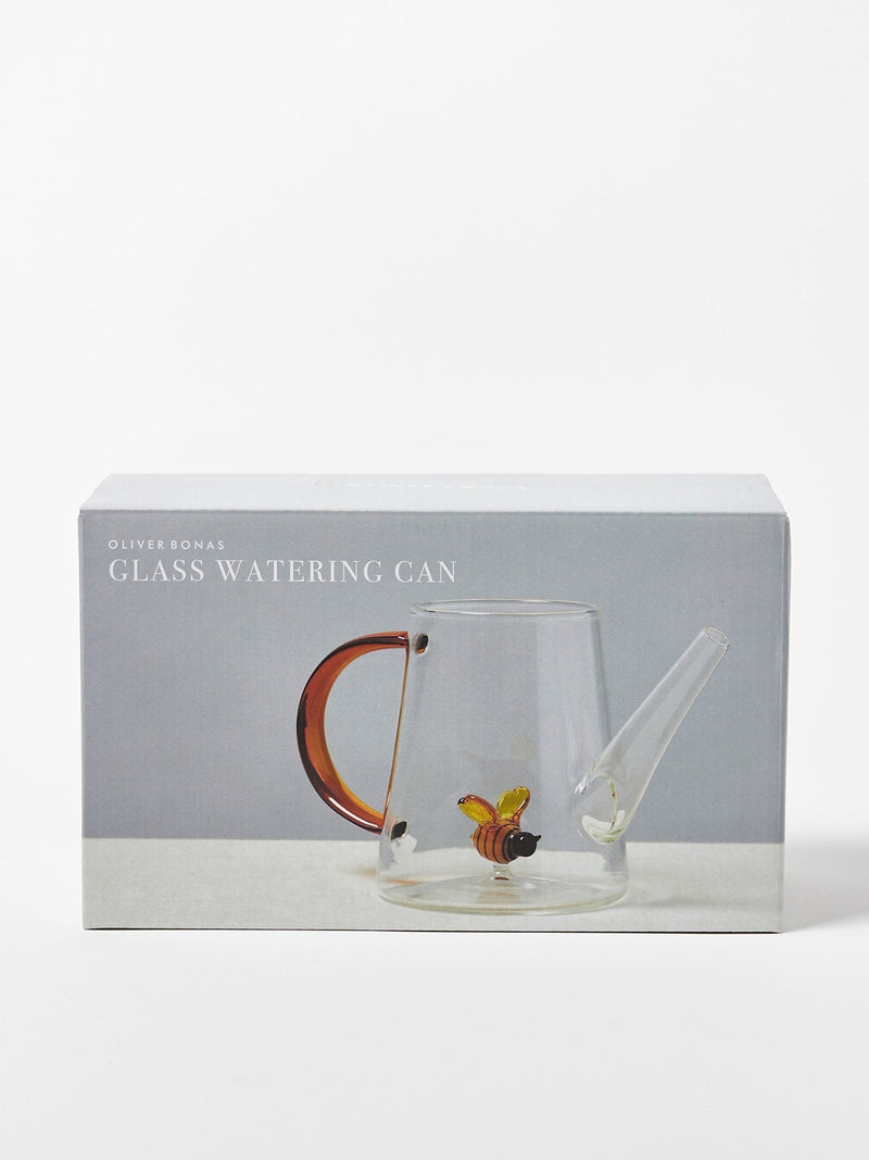 Oliver Bonas clear glass bee watering can 13cm, imported from the UK