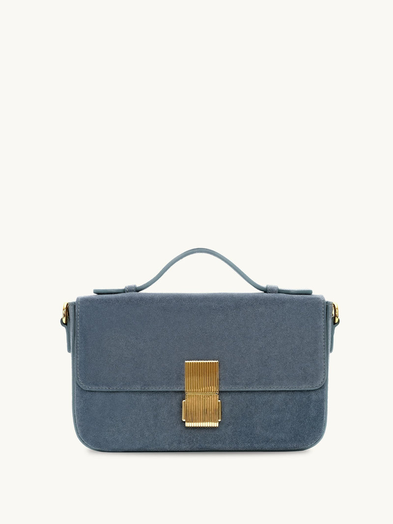 Apatchy Flora suede top handle bag denim blue, imported from the UK