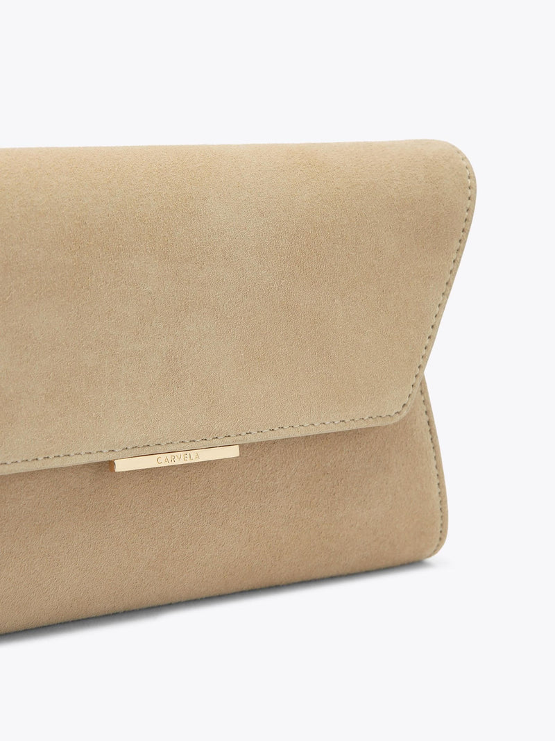 Carvela Spirited clutch bag in brown suede, imported from the UK