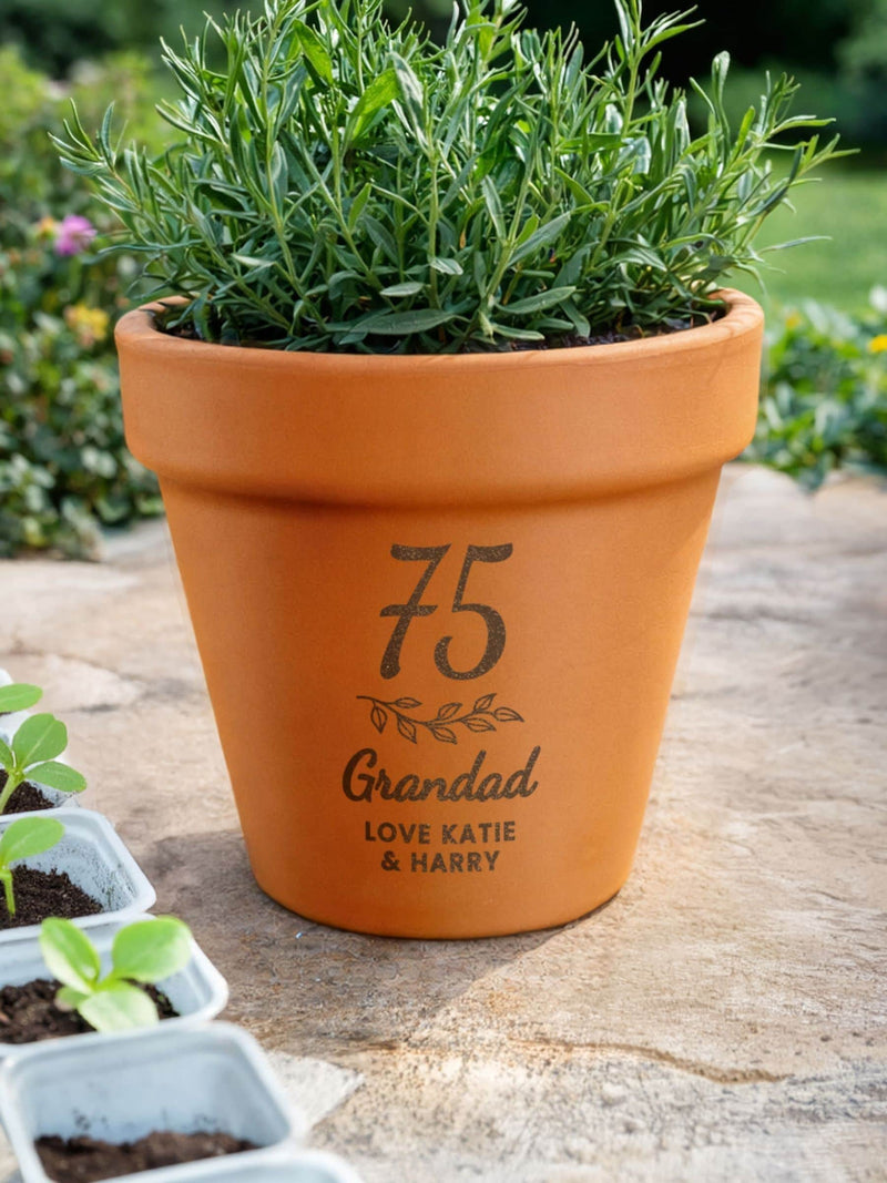 PMC personalised terracotta plant pot for birthday, UK version
