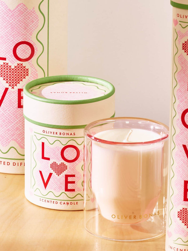 Oliver Bonas Pink Love scented candle in pink glass - British product