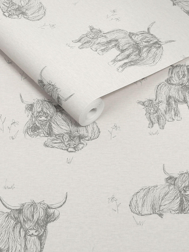 Natural Hamish Highland cow wallpaper sample A4 - British product