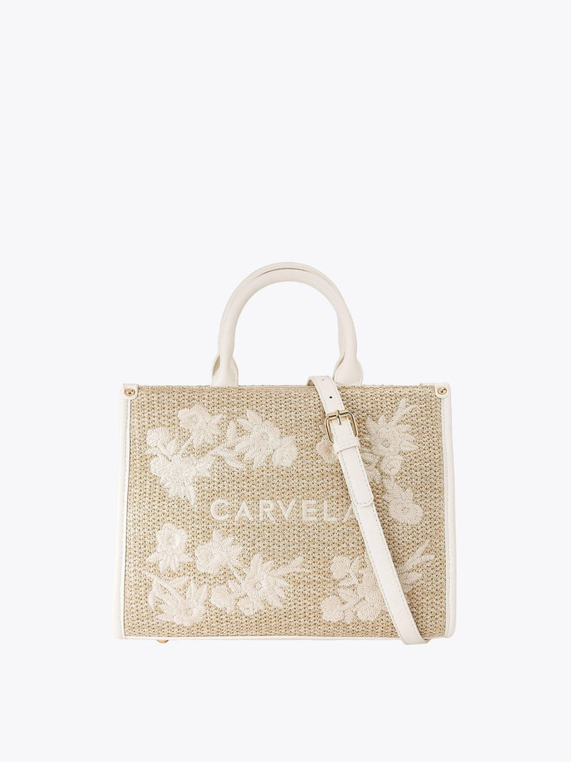 Carvela Sorrento white raffia tote bag with floral embroidery, imported from the UK