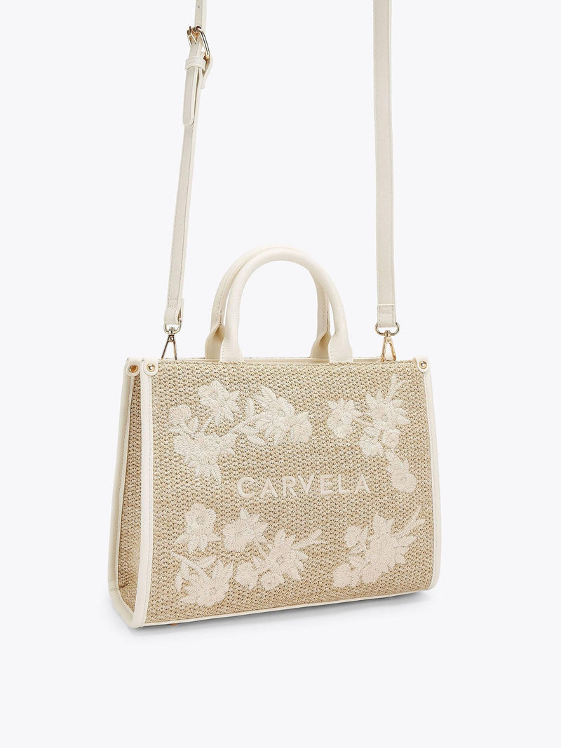 Carvela Sorrento white raffia tote bag with floral embroidery, imported from the UK