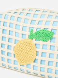 Oliver Bonas blue crochet makeup bag with lemon motif (British brand)