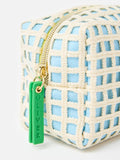 Oliver Bonas blue crochet makeup bag with lemon motif (British brand)