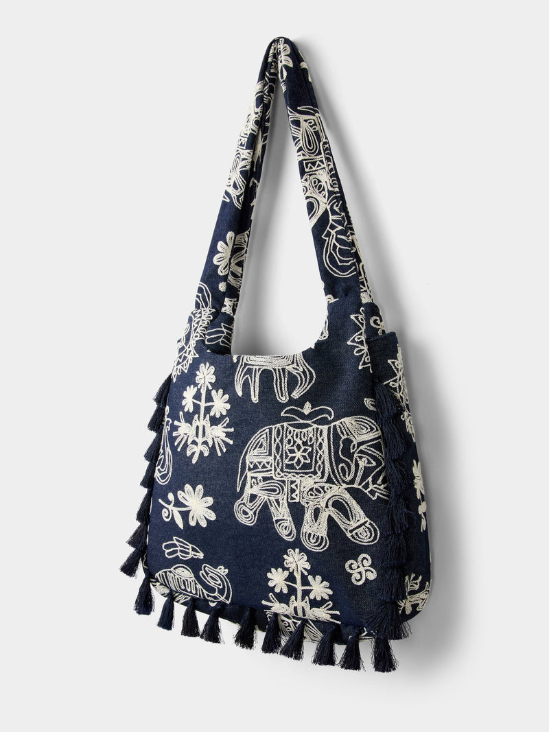 Joe Browns blue embroidered safari tassel handbag (British brand)