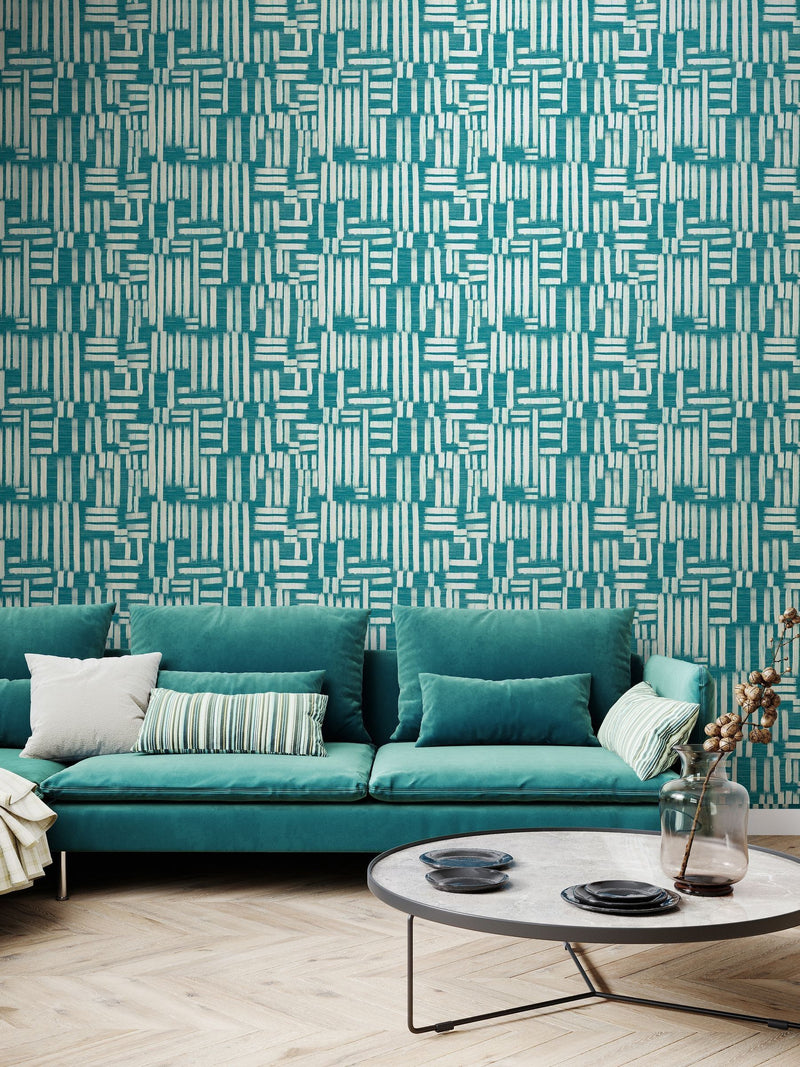 Ohpopsi Teal Interlace wallpaper roll, imported from the UK