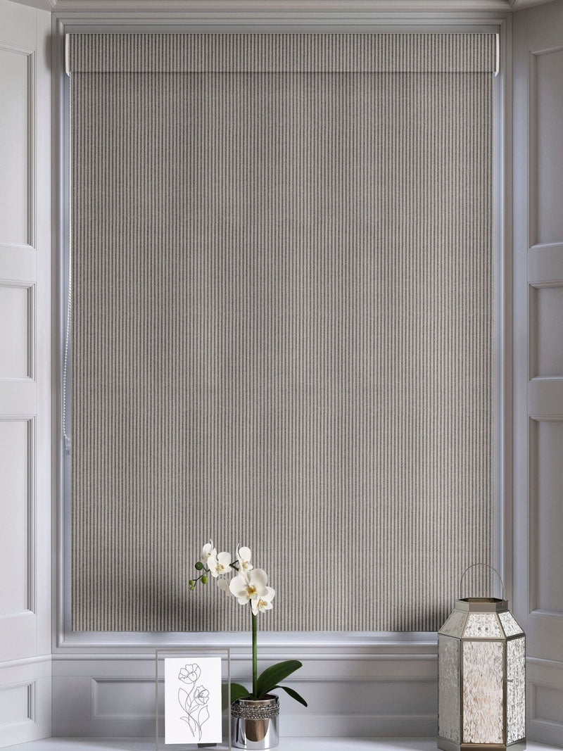 Charcoal grey woven roman blind with brushed stripes, UK version