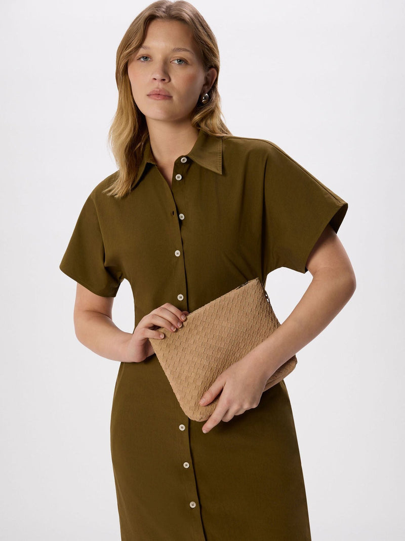 Whistles nude Avah woven suede zip clutch (British brand)