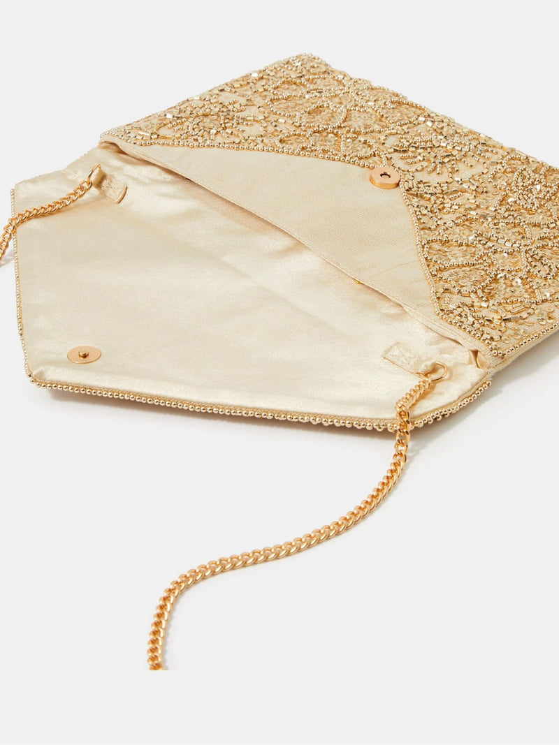 Accessorize gold floral embellished envelope clutch bag (British brand)