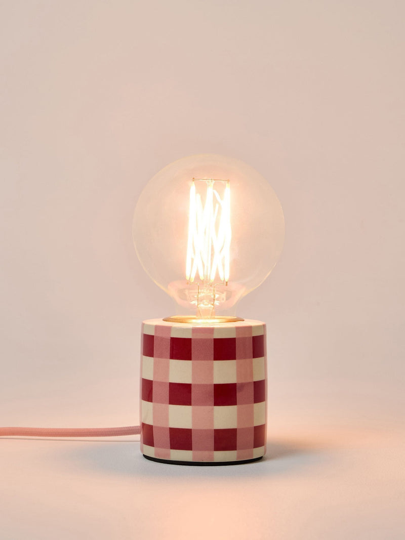 Oliver Bonas Burgundy Rasa chequered ceramic desk lamp base, UK version